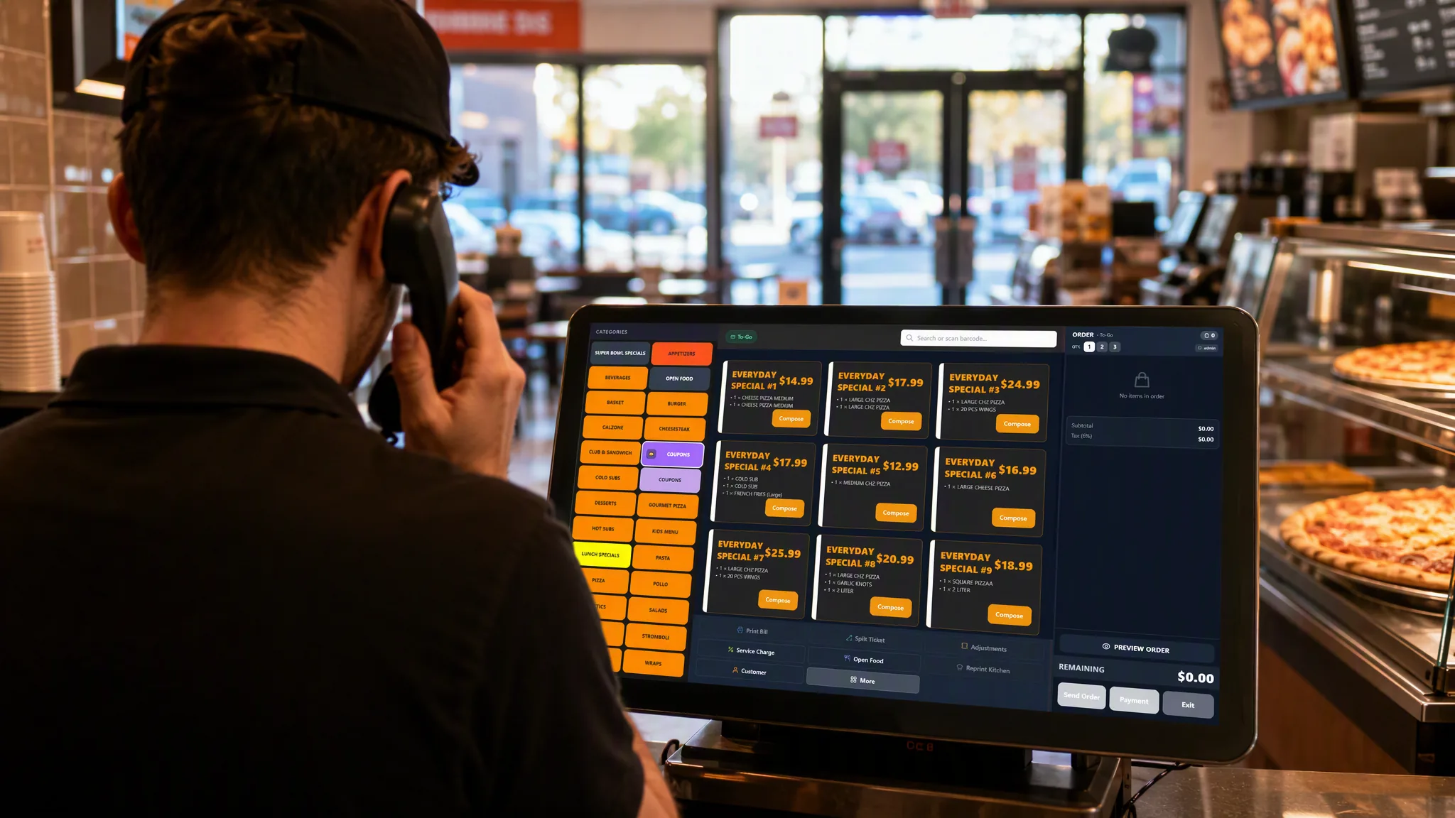 The coupon builder on a JET terminal, everyday special combos laid out as cards