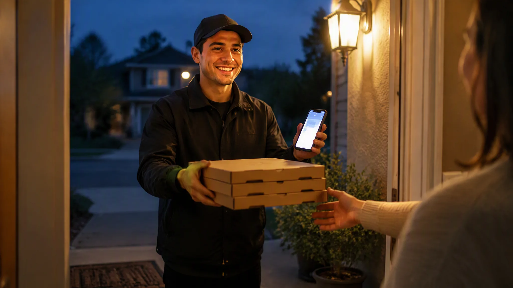 A driver at a front door at dusk handing over pizza boxes with the Driver app in his other hand