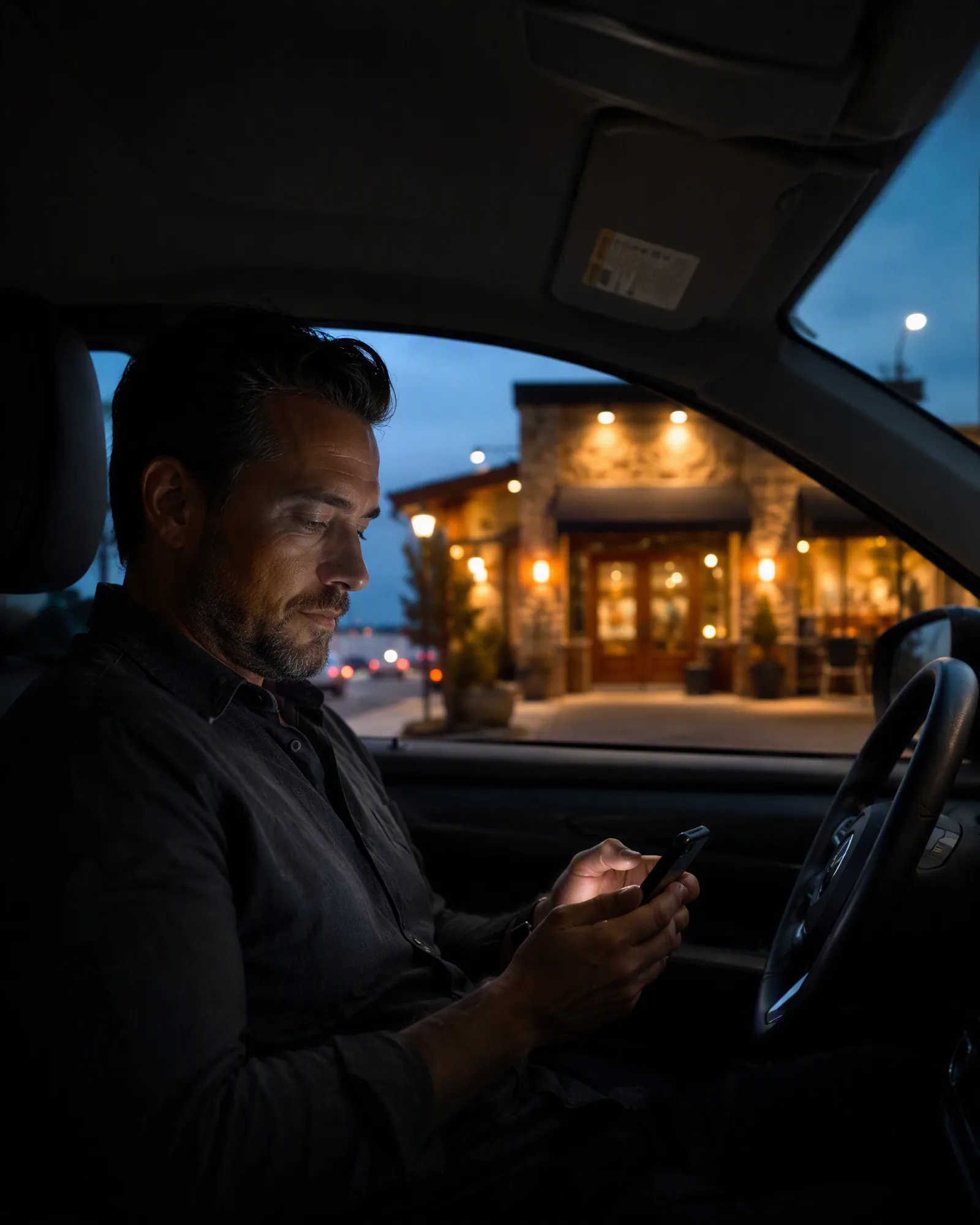 An owner parked outside his restaurant at dusk, checking the day on his phone