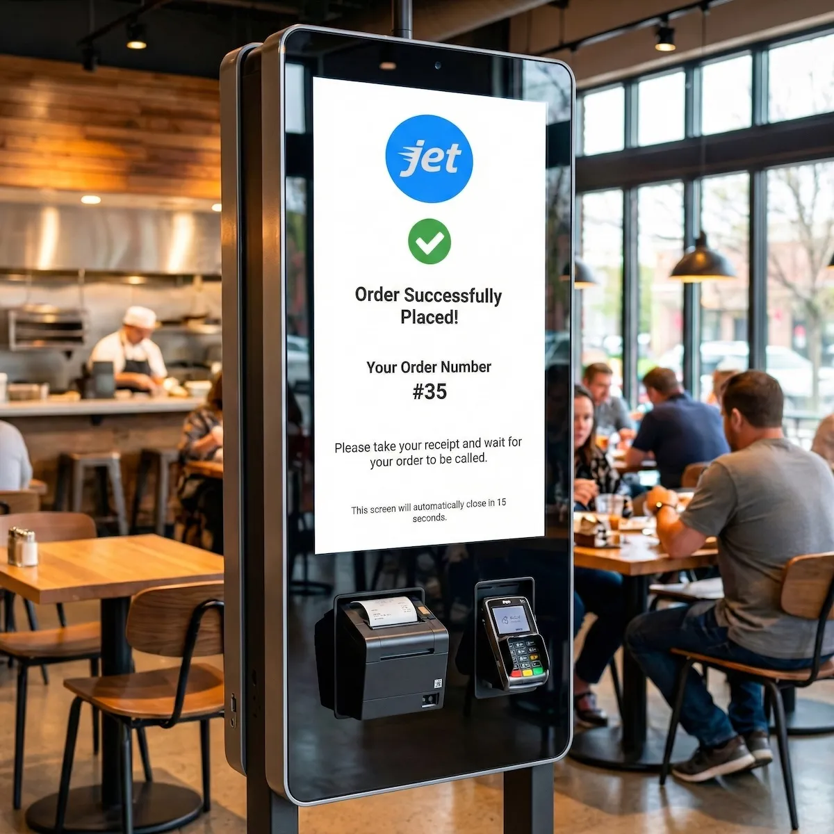 A JET self-order kiosk on the floor of a counter-service cafe