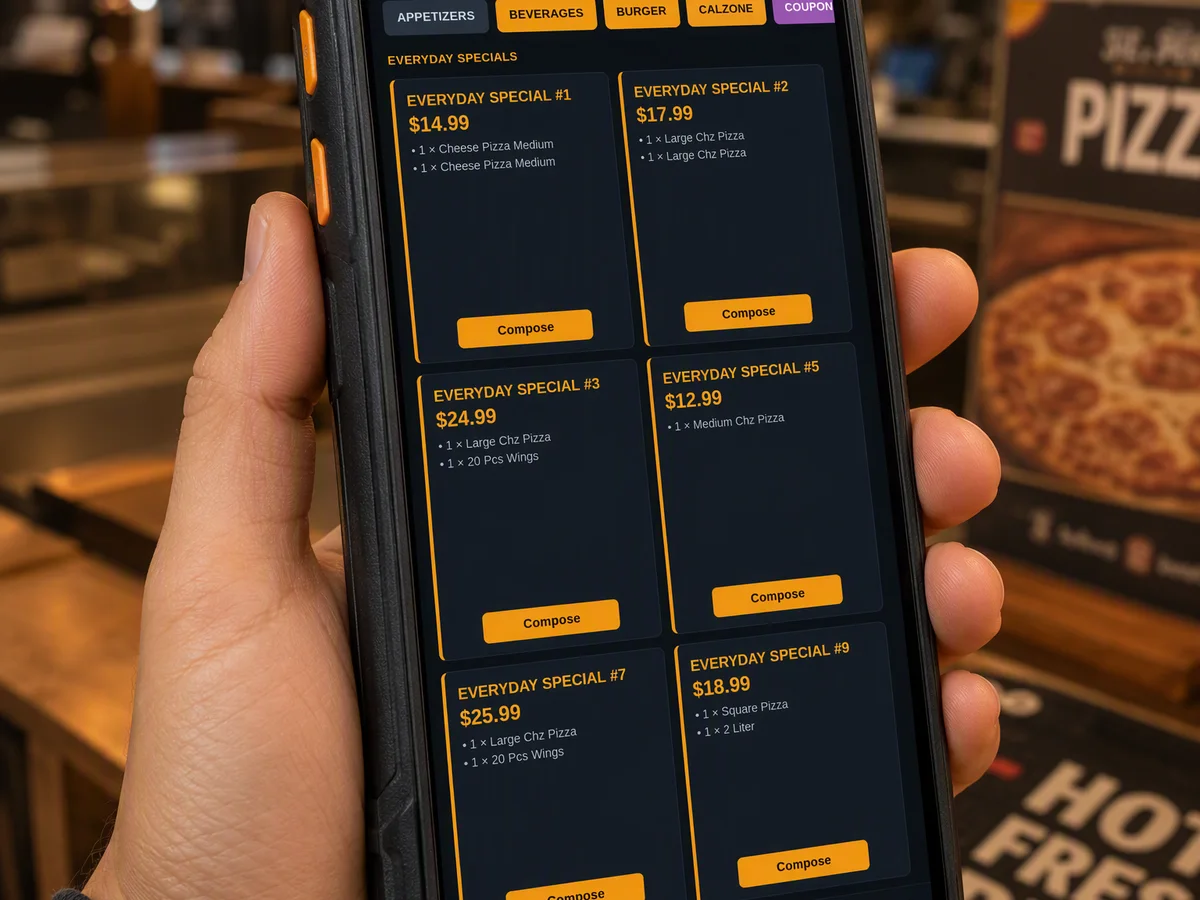 A rugged Android handheld in hand, running the JET terminal app in a pizzeria
