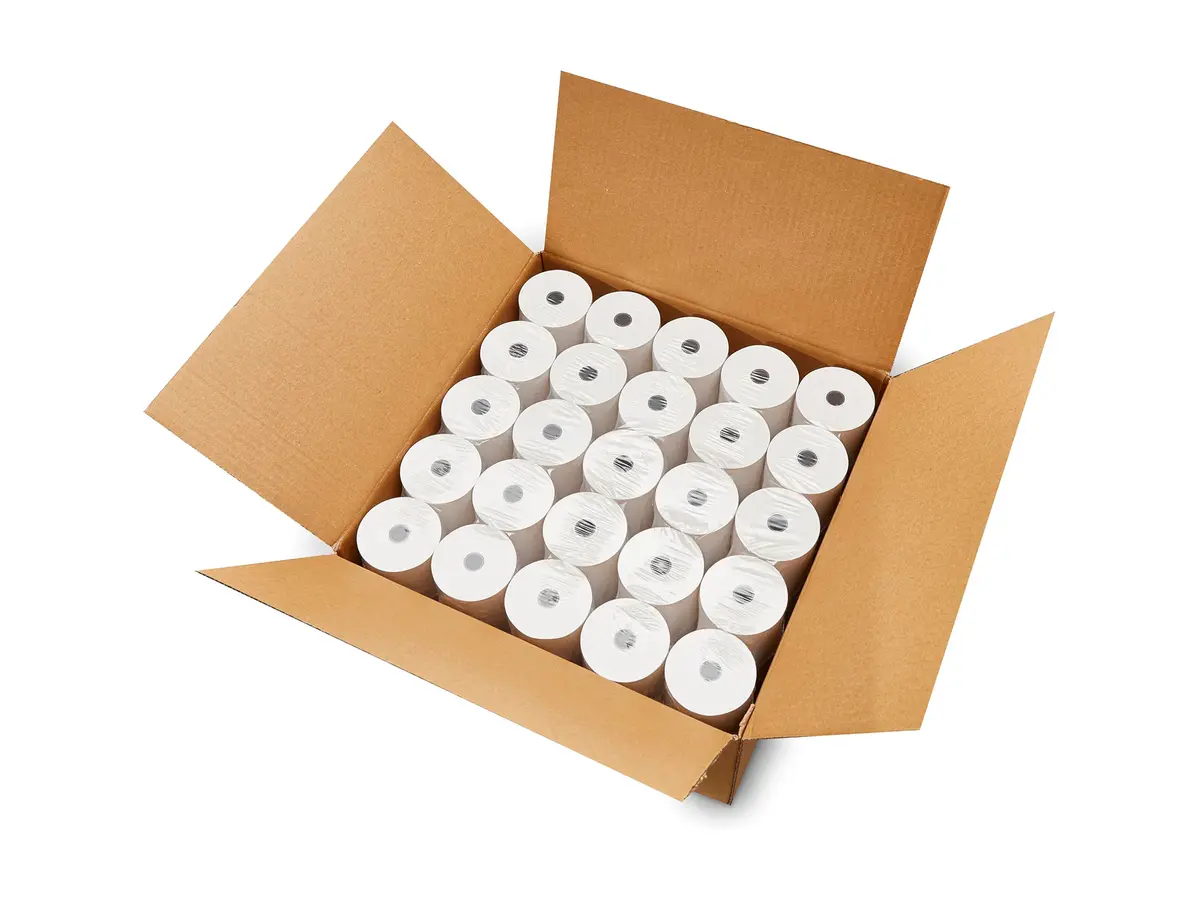 A case of receipt paper rolls