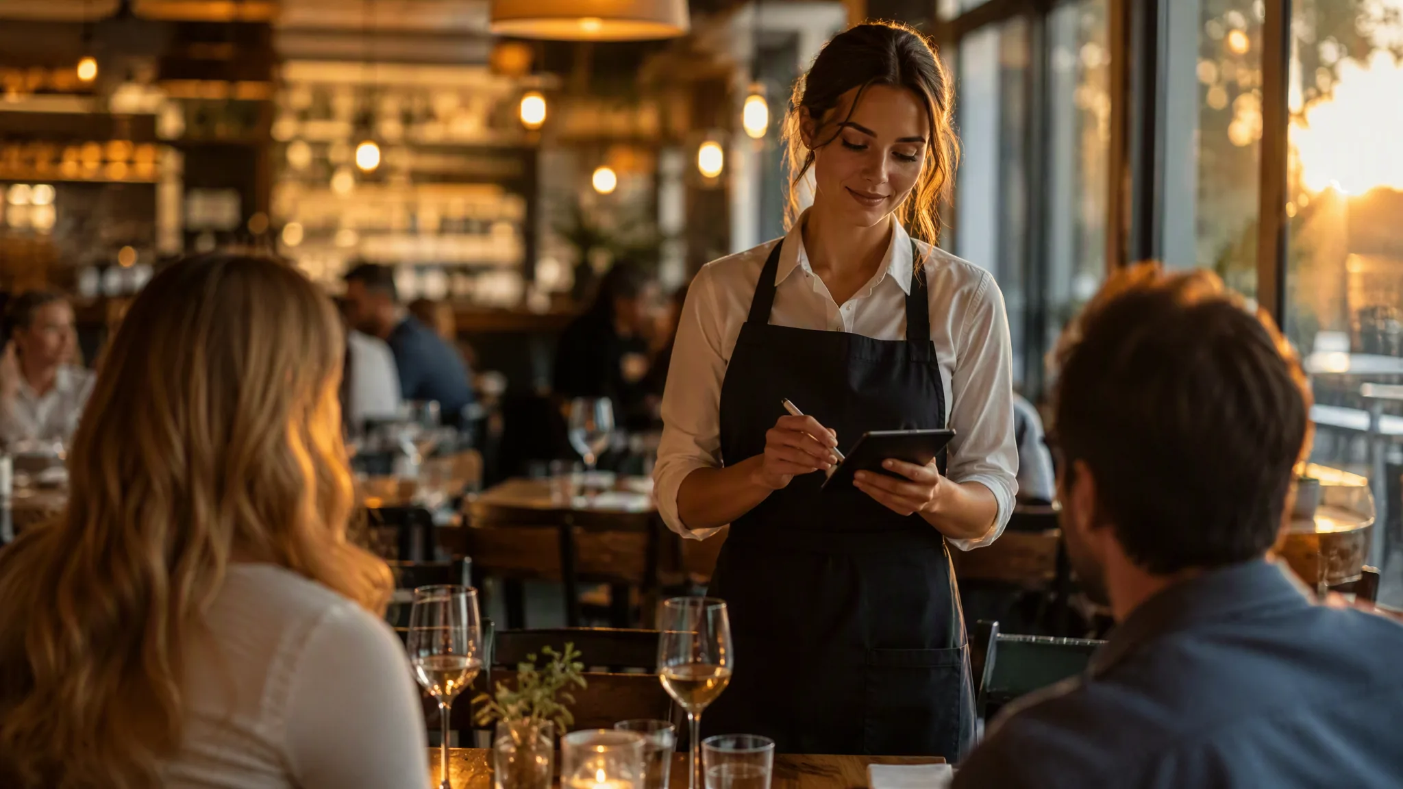 A server taking an order on a JET handheld at a table, dining room behind at golden hour