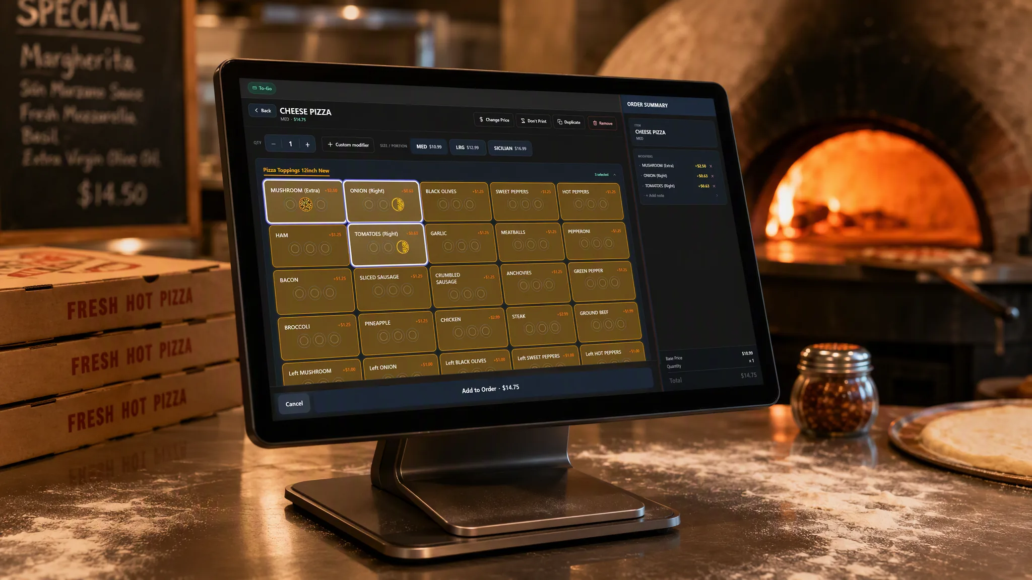 The JET terminal on a pizzeria counter showing the pizza builder, a deck oven behind it